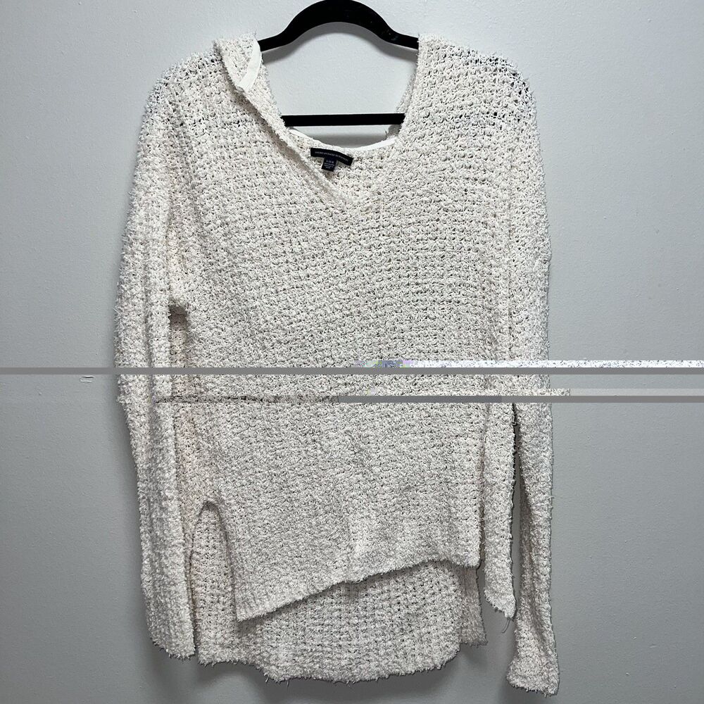 American Eagle Outfitters Cream Waffle Popcorn Knit Hooded Pullover Sweater L